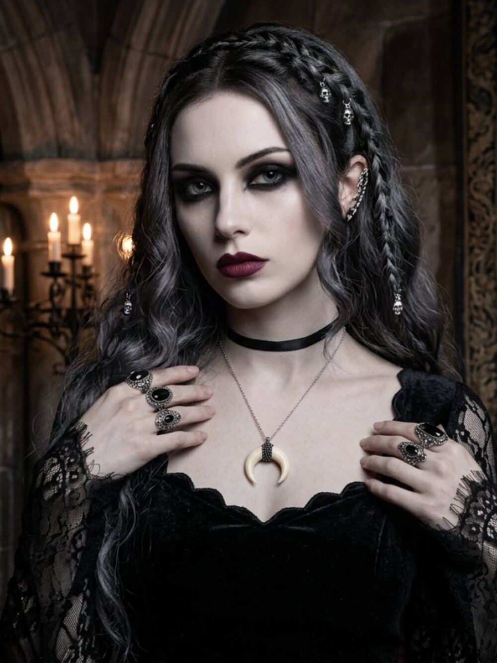 Handcrafted Silver & Cream Crescent Moon Necklace Boho Goth
